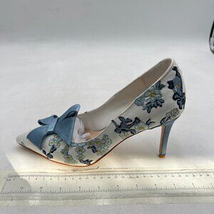 XYD Blue Floral Embroidered Bow Pointed-Toe Heels GORGEOUS